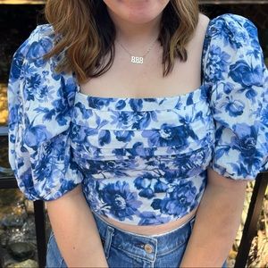 Blue Floral Short Puff Sleeve Top